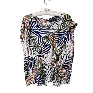 Tahari Womens XL Linen Shirt Tropical Leaf Button Back Top Neutral Tones